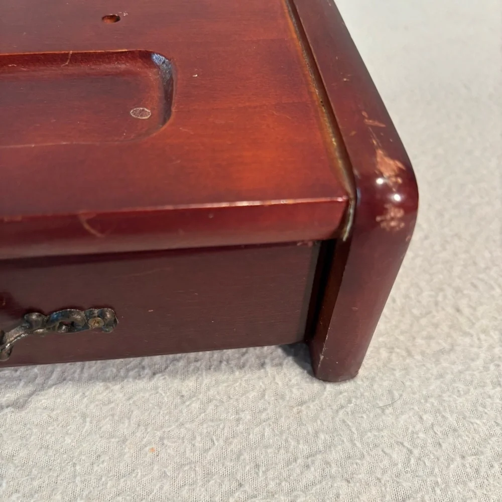 Vtg. Wooden Jewelry Box with Velvet-Lined Single Drawer with Decorative Handle